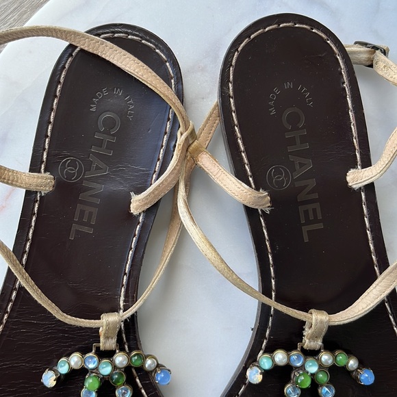 Authentic Chanel Dark Brown/Gold/Jewel Thong Sandals - Picture 5 of 16